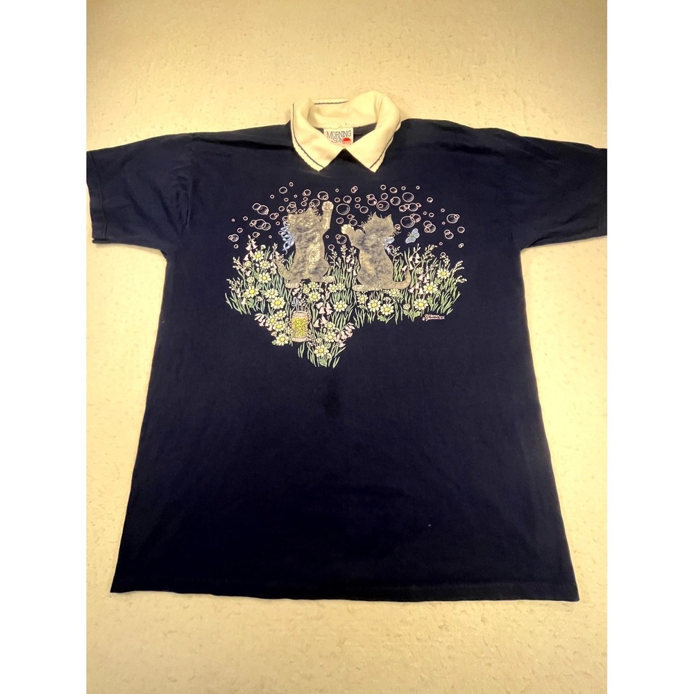 Vintage Morning Sun Shirt Womens Large Navy Blue Graphic‎ Cat Cotton Collared
